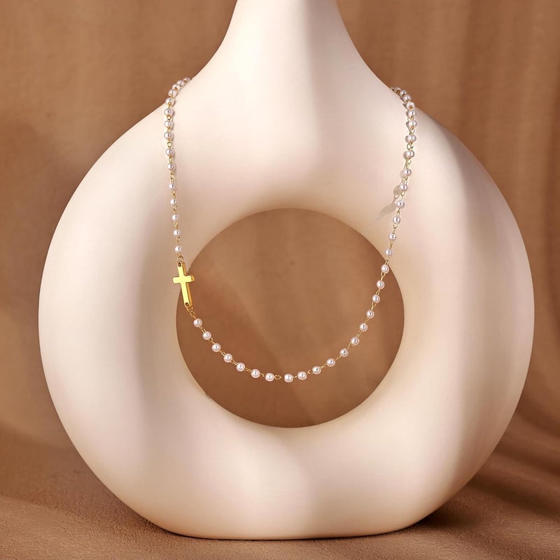 Robaice Pearl Cross Necklace for Women, Eternal Gold Pearl Necklace with Cross Pendant, Dainty Pearls and Cross Necklace Christian Faith Jewelry Gift - Image 5